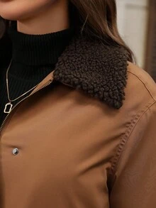 EMERY ROSE Women's Casual Zip-Up Thermal Lined Jacket With Sherpa Collar, Autumn/Winter Women's Winter Coat Brown Jacket - Brown - View 8