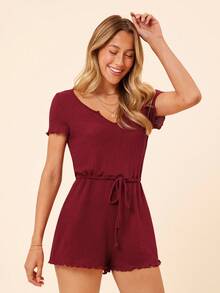 Coeurva 女士夏季實色短袖凹口V領束腰休閒連體褲