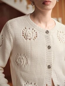 Uhlyne French Retro Fashion Romantic Minimalist Elegant Commute Generous Casual Daily Versatile 3D Handmade Crochet Hollow Round Neck Long Sleeve Women's Clothing, Suitable For Autumn/Winter, Fitted Cardigan In Beige - Beige - View 8