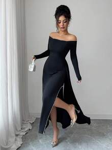 Lyxana Women's 2025 Autumn/Winter New Elegant Garden Party Pearl Decor Long Sleeve Waist Cinched Maxi Dress - Black - View 5