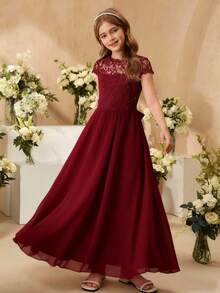 SHEIN 适合青春期女孩的花童礼服，优雅高端蕾丝拼接缎面长礼服，适合婚礼、舞会、生日派对、表演 - 酒紅色 - 查看 4