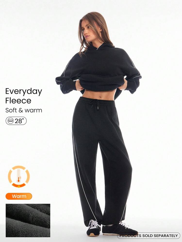 Pantalones casuales diarios de otoño e invierno con forro polar cálido y acogedor, panel de contraste, cintura ajustable con cordón y bolsillos laterales