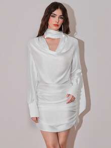 Poshira Women's Solid Color Ruched Neck Long Sleeve Pleated Elegant Mini Dress - White - View 4