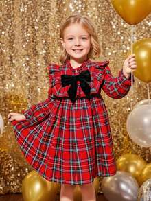 Emery Rose Kids Emery Rose Kids 年轻女孩优雅红色格子拼布蝴蝶结装饰长袖荷叶边下摆宽松连衣裙，适合圣诞节、秋冬季、派对、学校、休闲日常 - 紅色 - 查看 6