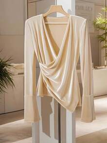 Franclia Camiseta de manga larga de terciopelo con manga acampanada asimétrica para mujer, color albaricoque, otoño/invierno - Albaricoque - Ver 1