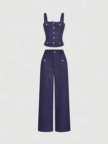 SHEIN MOD 仿珍珠纽扣装饰背心，直筒裤，贵族风格套装，女士两件套，女士两件套，粗花呢两件套，海军蓝两件套，秋冬节日两件套 - 藏蓝色 - 查看 1