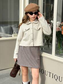 Elladie kids 2pcs/Set Girls Teens Autumn/Winter Fashion Plaid Lapel Long Sleeve Jacket & Skirt Set, Elegant Casual Commuting Outfit, Korean Style