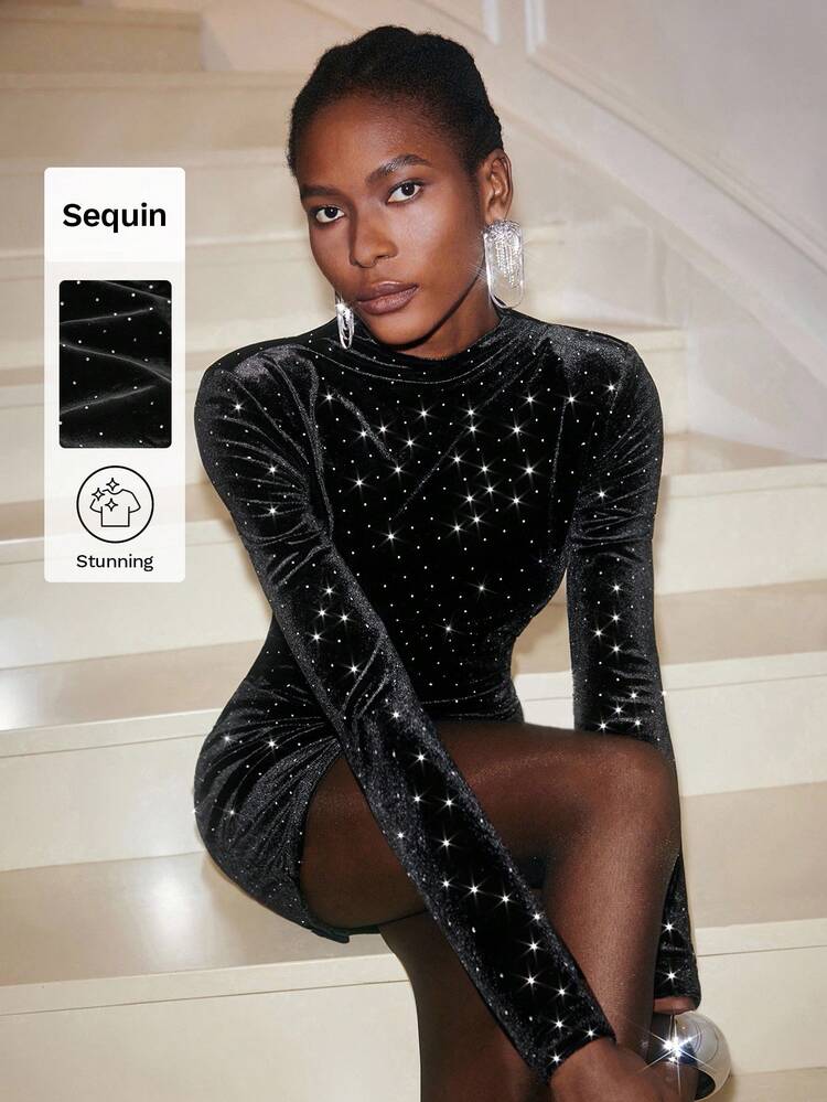 SHEIN Maija Women's Fashion Sexy Rhinestone Embellished Bodycon Mini Dress