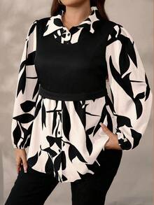 EMERY ROSE Plus Size Women Floral Print Patchwork Knit Casual Top, Autumn/Winter - Apricot - View 4