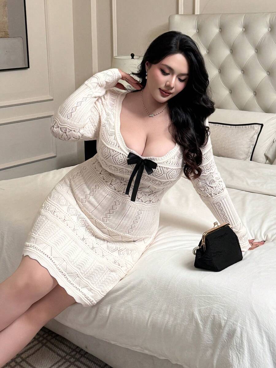 Vibekara 法式优雅蝴蝶结装饰U领收腰修身长袖针织连衣裙，秋冬