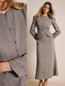 Poéselle Women's Elegant Brown Tweed Suit Set,Vintage Check Single-Breasted Bubble Sleeve Jacket & Midi Skirt,Grey Autumn Office Fall Winter Clothes,Elegant - Brown - View 7