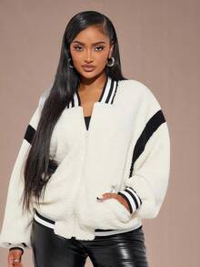 Radiana 女式条纹蝙蝠袖拉链棒球夹克拉链毛衣泰迪熊夹克羊羔绒夹克飞行员夹克短款拉链连帽衫泰迪熊飞行员夹克拉链夹克秋冬女装 - 白色 - 查看 4