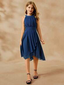 SHEIN 优雅的婚礼花童礼服，雪纺花卉露背无袖中长连衣裙，适合少女，时尚蓬松公主裙 - 藏蓝色 - 查看 4