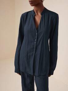 Vesra 休闲装 - V领收腰上衣和阔腿裤 - 藏蓝色 - 查看 5