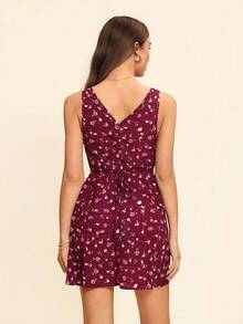Coeurva Women's Vacation Casual Sleeveless Deep V-Neck Ditsy Floral Dress - Burgundy - View 5