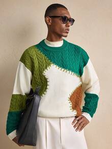 AKNOTIC Men's Casual Loose Fit Colorblock Crew Neck Long Sleeve Sweater, Autumn/Winter, Christmas