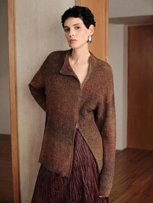 Uhlyne Gradient Knitwear Office Business Casual Asymmetric Brown Versatile Zip-Up Knit Cardigan Top,Halloween,Autumn/Winter, Minimalist, Work Wear, Teacher Outfits, Back To School, Fall , Business Casual,Old Money - Coffee Brown - View 6