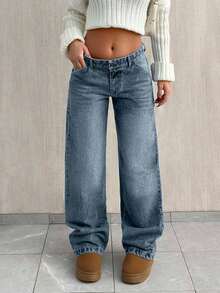 EURMUSE LOW WAIST BAGGY LOOSE STRAIGHT LEG JEAN - Dusty Blue - View 4