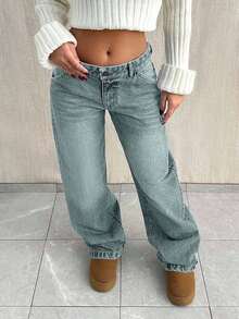 EURMUSE Quần jean ống đứng lưng thấp rộng rãi - Màu xanh nhạt - Xem 5