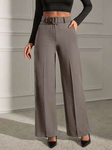 Women's Solid Belted Seam Suit Pants - Grey - View 3