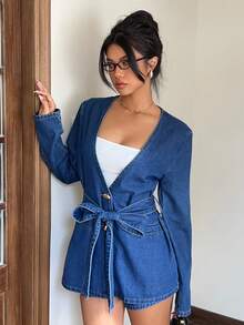 Siren Gaze Women's Blue Denim Two-Piece V-Neck Long-Sleeved Suit Jacket With Bow Belt, French Elegant Workplace Wear Autumn Suit #ChicAutumn Winter - Dark Wash - View 8