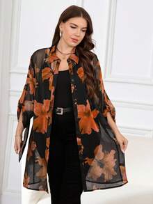 Reflora Plus Size Floral Print Semi-Sheer Casual Long Sleeve Shirt Long Blouses - Orange - View 4