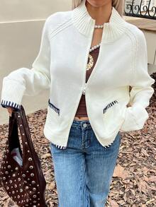 Livesso Women's Casual Cardigan With High Collar And Raglan Sleeves, Autumn - Black and White - View 6