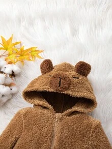Newborn Baby Girl Cute Fluffy Solid Color Long Sleeve Hooded Jumpsuit, Autumn/Winter Cartoon Brown Capybara Plush Footed Jumpsuit Bear Baby Baby Monkey Suit Baby Fleece Jumpsuit Baby Coat Jumpsuit Dinosaur Winter Jumpsuit For Baby