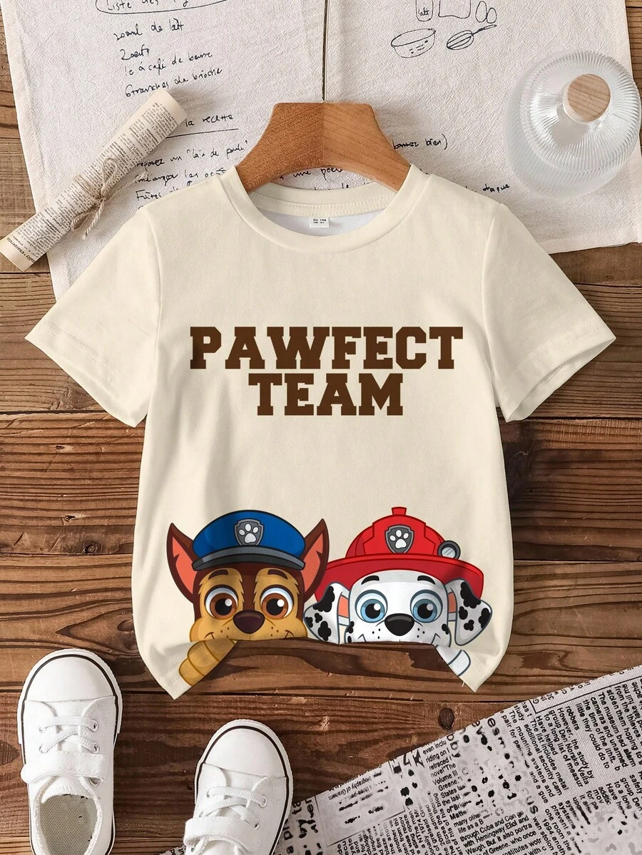 SHEIN | PAW Patrol 男童夏季休闲卡通狗和字母图案短袖T恤 - 白色 - 查看 1