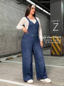 Flexra Plus Size Women Pocket Design Wide Leg Loose Casual Bib Overall Jumpsuit