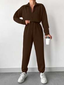 EURMUSE Ensemble 2 pièces Top et pantalon couleur unie décontracté pour femmes, automne - Tabac - Voir 5