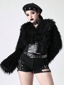 ROMWE Goth Damen Kunstfell Patchwork PU Leder Kurze Jacke, Herbst/Winter - Schwarz - Übersicht 6