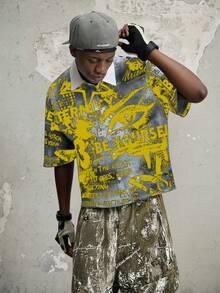 Manfinity ZONE917 Men's Letter Print Short Sleeve Casual Cropped Shirt