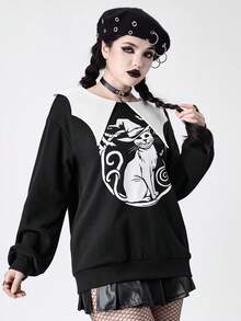 ROMWE Goth 女式撞色蝙蝠领猫咪印花运动衫 - 黑色 - 查看 6