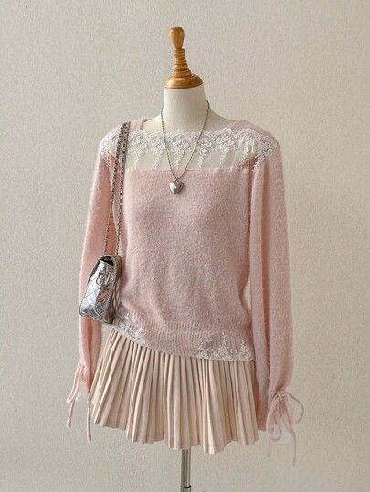 Elamini Elegant Lace Knit Long Sleeve Sweater For Women, Versatile For Autumn/Winter