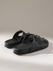 Solecia Sandalias planas casuales de slip-on negras para mujer - Negro - Ver 3