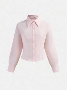SHEIN 青少年女孩百搭百搭休闲日常时尚衬衫，适合毕业季和正式场合 - 淺粉色 - 查看 7