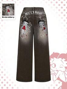 Betty Boop | ROMWE Quần jean ống rộng siêu dài thêu chữ thập Gothic kiểu Y2K - màu nâu - Xem 12