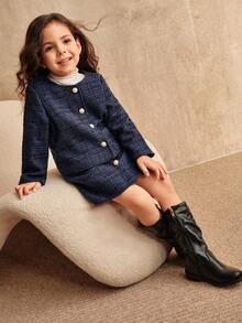 SHEIN 年轻女孩时尚优雅蓝色夹克搭配裙子，珍珠纽扣设计可爱装，秋冬 - 藏蓝色 - 查看 5