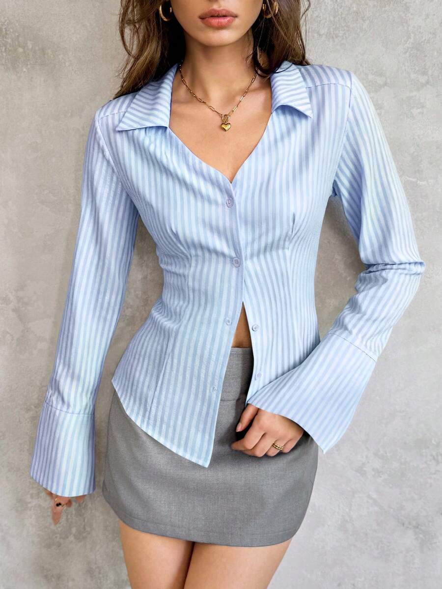 Flirla Women's Casual Solid Color Turndown Collar Long Sleeve Single-Breasted Office Shirt, Autumn Fall Cloth For Women - Multicolor - View 1