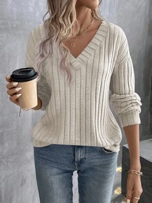 EMERY ROSE Áo thun nữ tay dài cổ chữ V trễ vai màu trơn, dáng thường ngày, mùa thu - Màu be - Xem 5