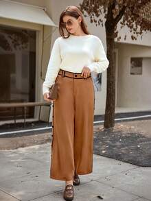 Calvaya Pantalones anchos de talle alto con botones laterales decorativos, en marrón y negro, de corte holgado y cómodo, versátiles para uso casual, de oficina y al aire libre, en tallas grandes - Marrón - Ver 4