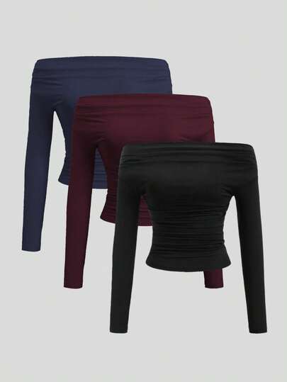 Sweetra Set de 3 piezas Blusa corta de manga larga y hombros descubiertos para mujer, cómoda y amigable con la piel, ajuste ceñido