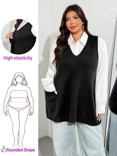 Enliva Plus Size Women Loose Knitted Vest With Pockets In Fall/Winter
