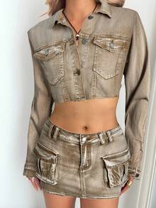 Aloruh Flap Pocket Raw Hem Crop Denim Jacket, Vintage, Fall Women Clothes, Streetwear - Khaki - View 4