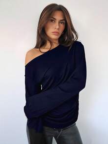 Siren Gaze Damen Lässig Einfarbiges Asymmetrisches Kragen Langarm T-Shirt, Herbst