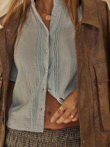 Aralina 女士时尚优雅秋冬休闲 Y2K 泡泡袖荷叶边领纽扣上衣，非常适合外出装和万圣节装 - 淺藍色 - 查看 4