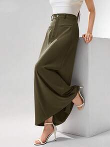 Heiryn 女士纯色半身裙，适合通勤 - 軍綠色 - 查看 6