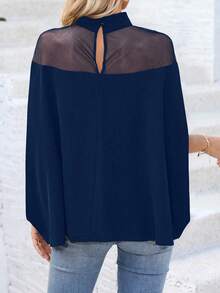 EMERY ROSE 女士时尚高领网眼拼接透视开衩蝙蝠袖宽松衬衫 - 藏蓝色 - 查看 2