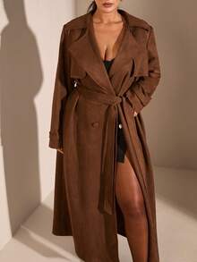 SHEIN BAE 大码女式休闲时尚街头风纯色麂皮翻领双排扣系带风衣，适合秋季、冬季、万圣节、圣诞节、新年、感恩节等场合穿着，麂皮材质，防寒防风。 - 棕色 - 查看 7